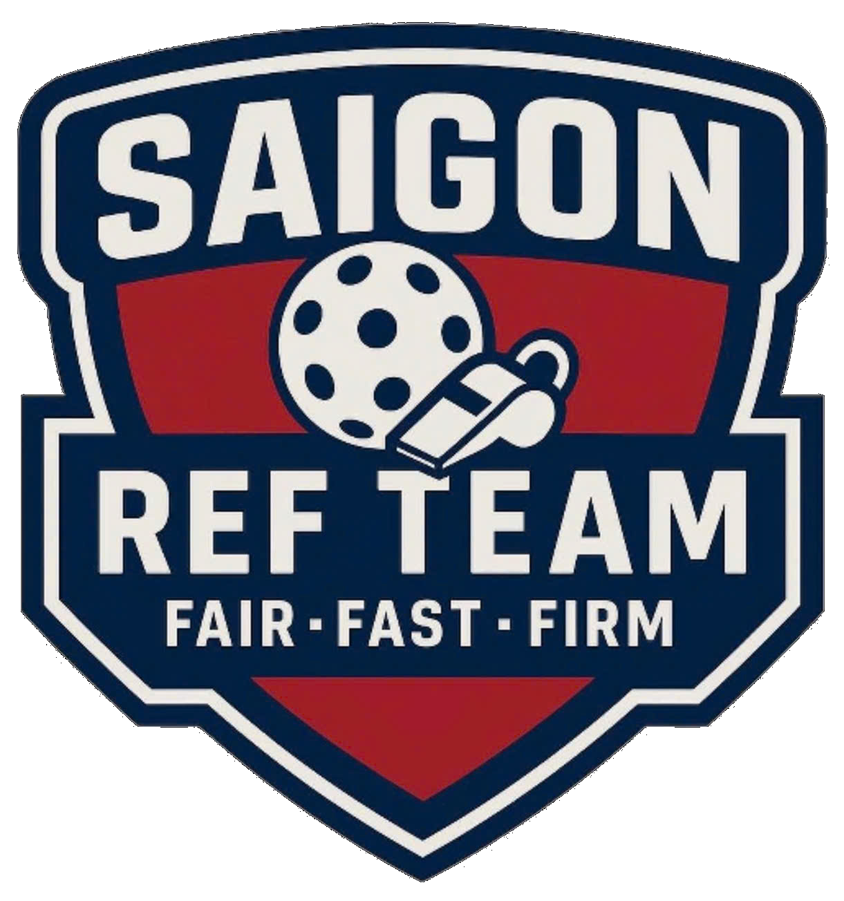 Huy hiệu Saigon Ref Team — khiên xanh navy, dải đỏ, quả bóng pickleball và còi trọng tài